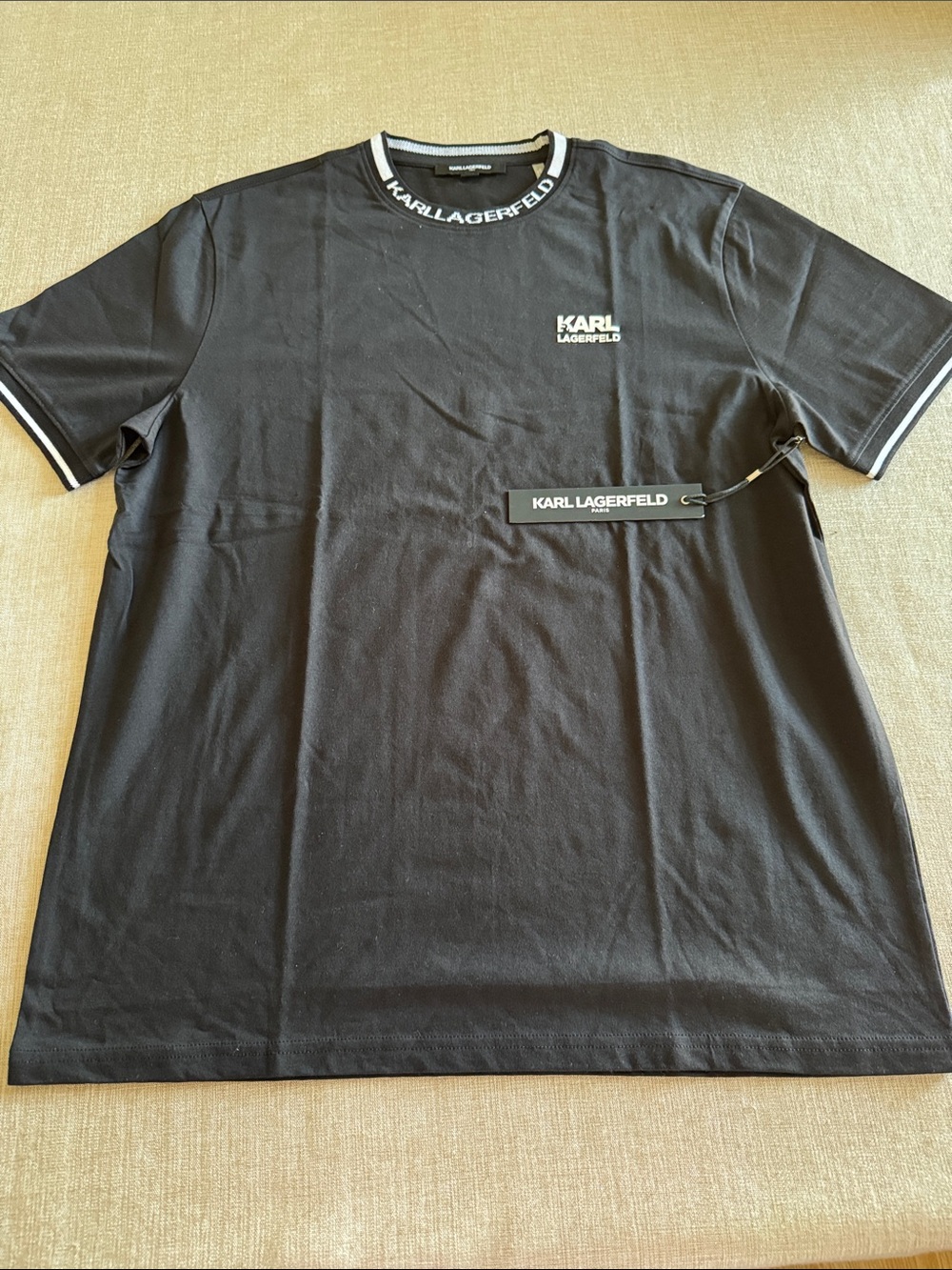 Karl Lagerfeld- Men's L/Black Contrast-Trim Logo Short Sleeve T-Shirt